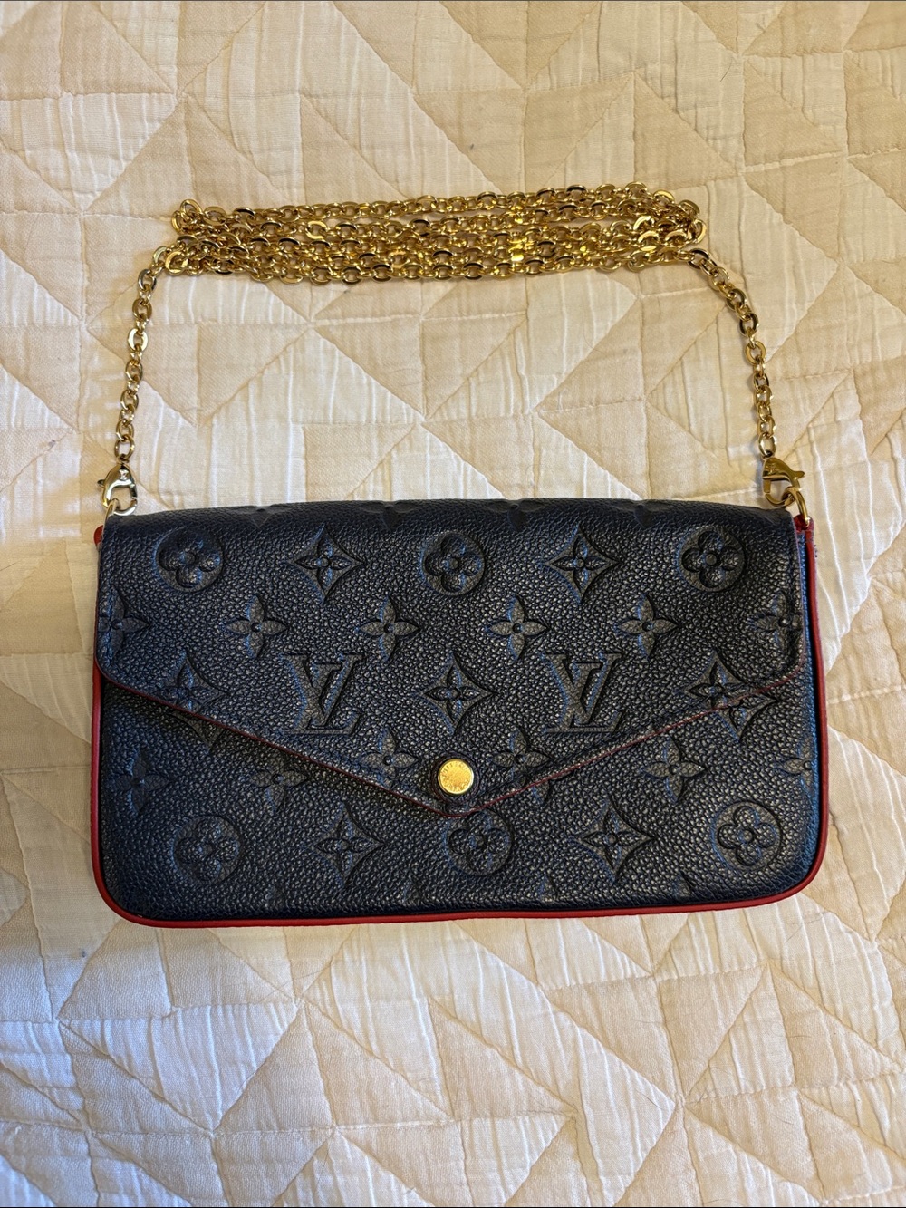 Louis Vuitton Navy Blue Felicie Envelope Shoulder Bag with Gold Chain